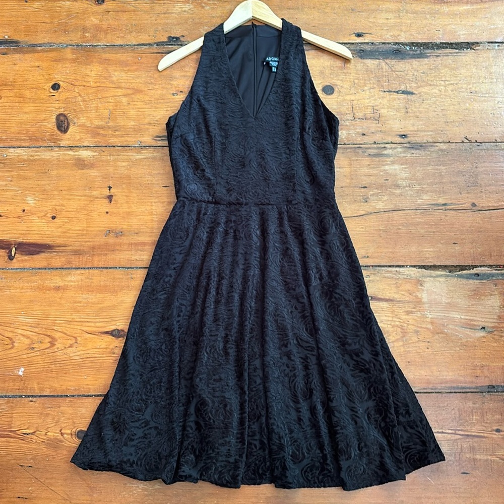 Adorne Black Burnout Velvet Halter Sleeveless Dress, size 6